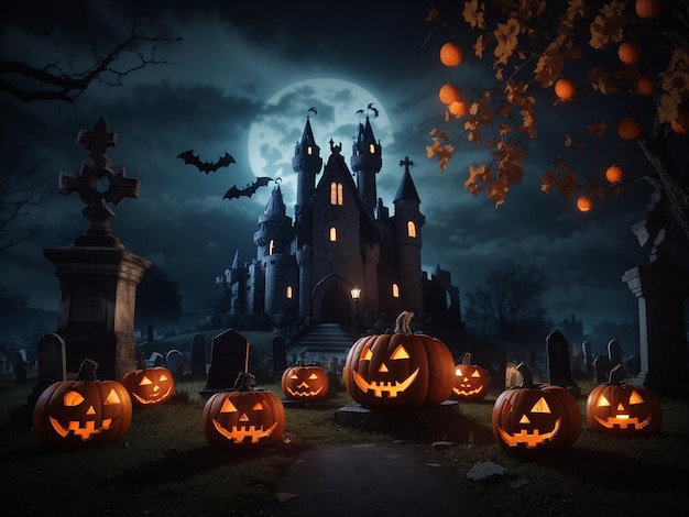 La noche de Halloween espeluznantes calabazas velas y castillo del cementerio
