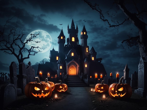 La noche de Halloween espeluznantes calabazas velas y castillo del cementerio