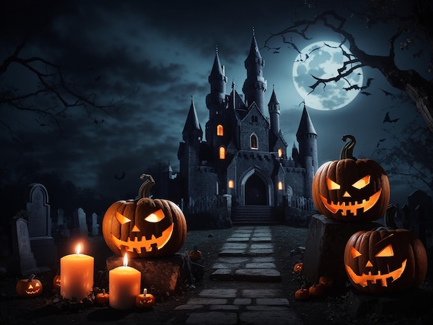 La noche de Halloween espeluznantes calabazas velas y castillo del cementerio