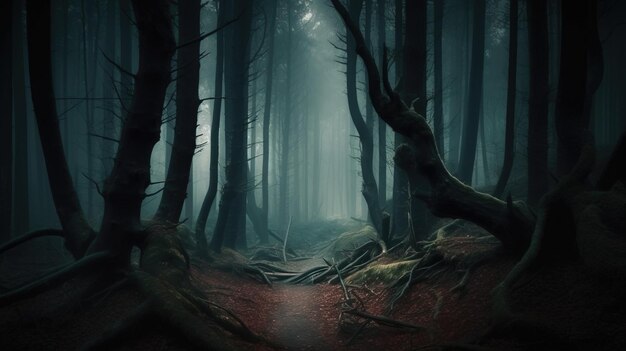 Noche de Halloween horror bosque aterrador naturaleza de fantasía mística Maqueta de banner de encabezado con espacio de copia AI