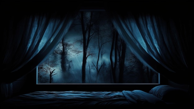 Noche de Halloween misteriosa ventana con cortina azul espacio vacío para copiar el concepto de silueta