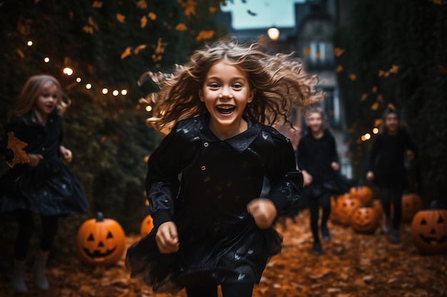 La noche de Halloween niños felices jugando corriendo por la calle