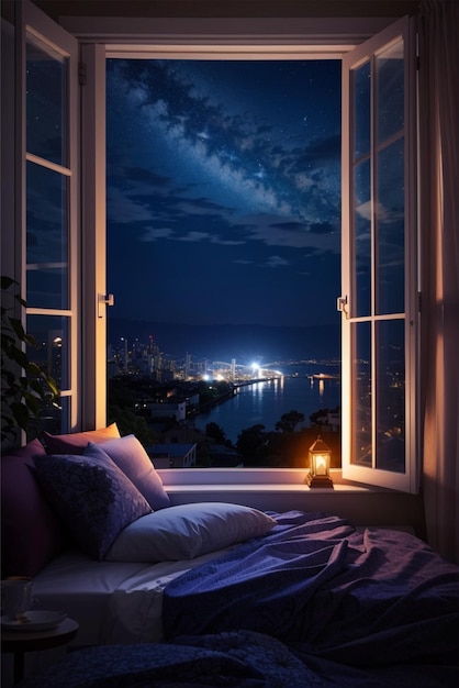 Una noche hermosa se ve por la ventana.