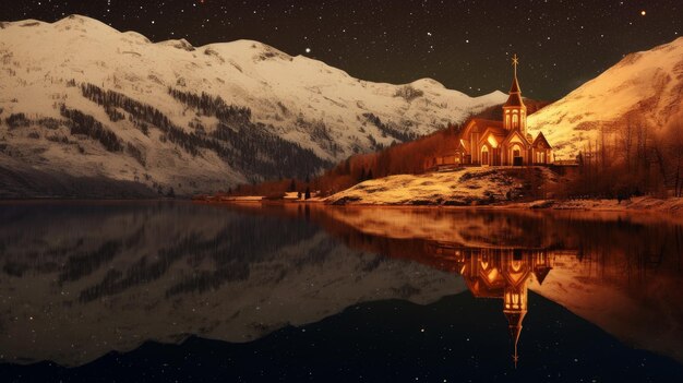 Por la noche una iglesia a orillas de un lago en las montañas.