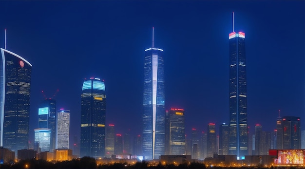 La noche ilumina los modernos rascacielos de acero del horizonte de Beijing reflejados por la IA generativa