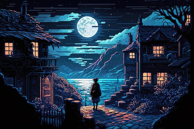 Noche iluminada por la luna Arte de fantasía pixelado Juego animado Pintura