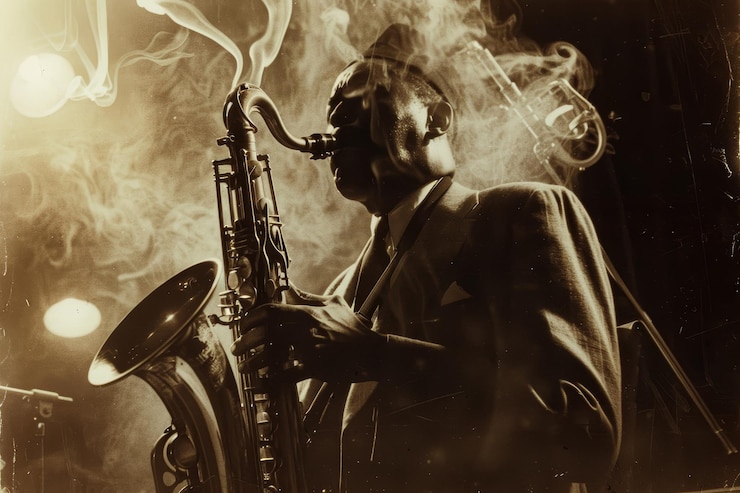 Foto noche de jazz vintage en un club ahumado saxofonista tocando bajo luces suaves sepia atmósfera tonada