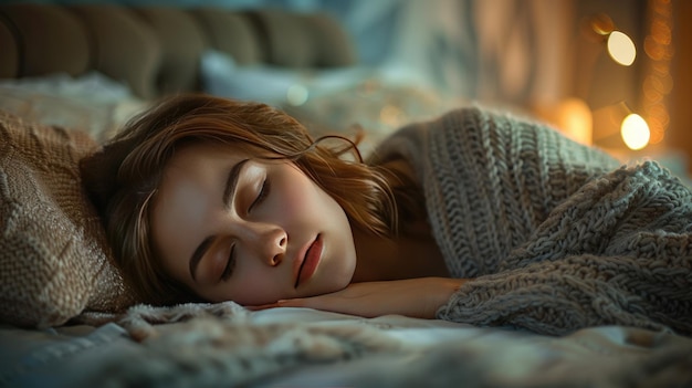 Foto por la noche la joven se quedó dormida en el dormitorio.