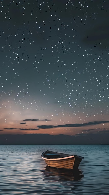 Foto una noche junto al lago con un barco solitario a la deriva en aguas tranquilas bajo un cielo estrellado con copyspace