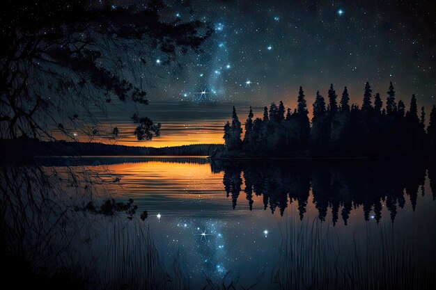 Noche de lluvia de estrellas sobre el lago del bosque con estrellas azules centelleantes