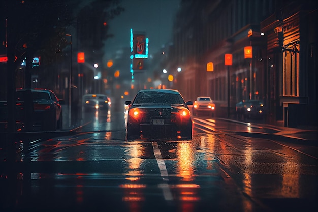 Foto noche lluviosa con autos conduciendo por la calle y luces de la calle en el fondo generativo ai