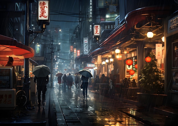 Noche lluviosa calle escena callejera en Tokio Japón