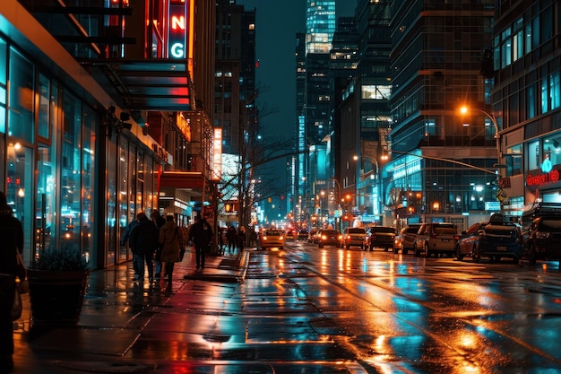 Noche lluviosa de la ciudad con edificios y calles iluminadas