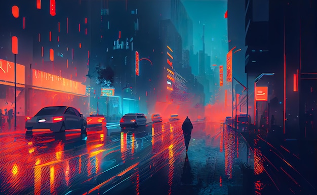 Noche lluviosa en una ciudad futurista con luces de neón IA generativa IA generativa