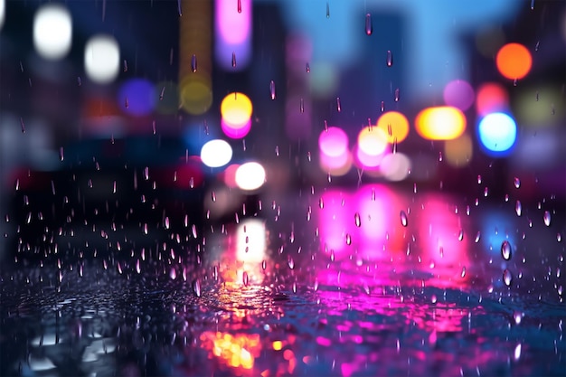 Una noche lluviosa en la ciudad con una luz colorida.