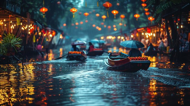 Foto noche lluviosa en el mercado flotante de damnoen saduak con linternas coloridas y barcos locales