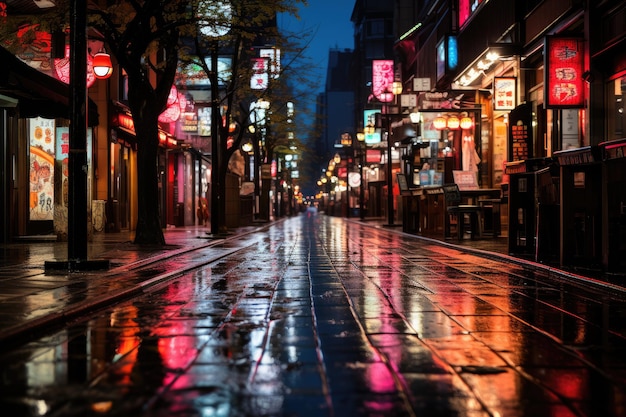 Noche lluviosa con reflejos de neón en una vibrante calle de Tokio IA generativa
