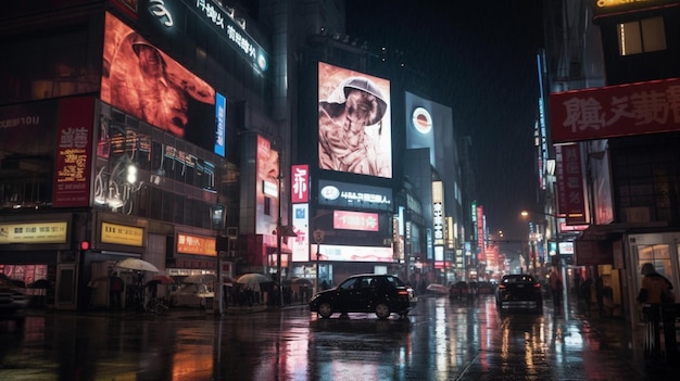 Una noche lluviosa en tokio con una valla publicitaria para un anuncio de sony.