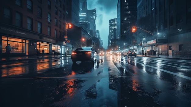 noche lluviosa tráfico de coches de calle luz borrosa escena urbana