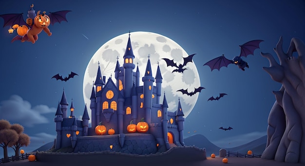 Noche de la Luna del Castillo Con fondo de calabazas brillantes y murciélagos volando