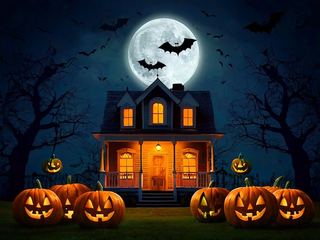 Noche de luna de Halloween con calabazas y murciélagos volando en el fondo