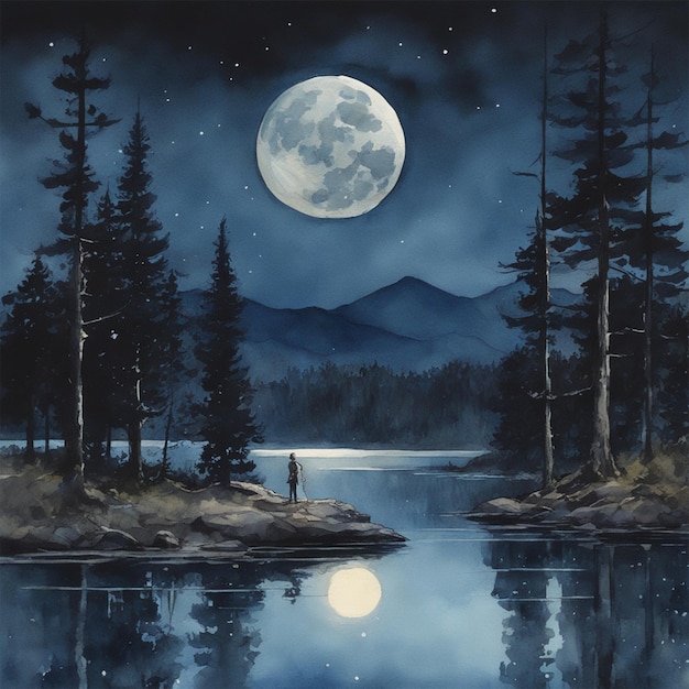 Noche Luna Lago Bosque Oscuro Serenata Amor Acuarela Tendencias En Artstation Enfoque nítido