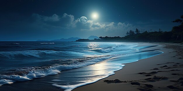 Foto la noche de luna llena en una playa aislada las olas golpean suavemente