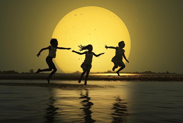 Noche sin luna niños felices saltando al océano frente a la luna llena