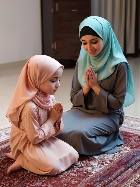 Por la noche, madre e hija con hijab están rezando.