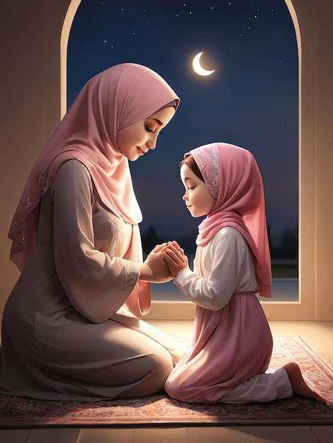 Por la noche, madre e hija con hijab están rezando.