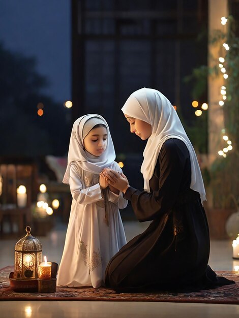 Por la noche, madre e hija con hijab están rezando.