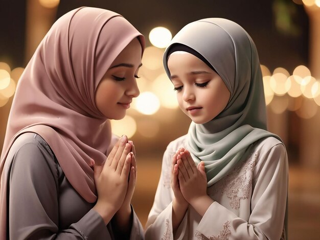 Por la noche, madre e hija con hijab están rezando.