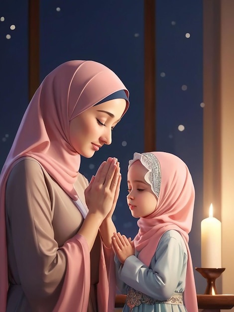 Por la noche, madre e hija con hijab están rezando.