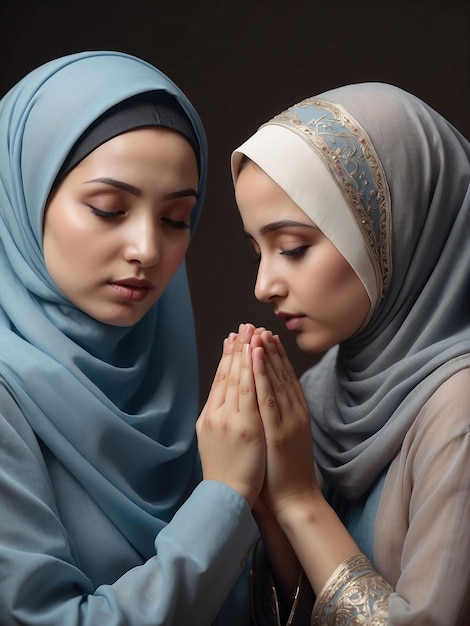Por la noche, madre e hija con hijab están rezando.
