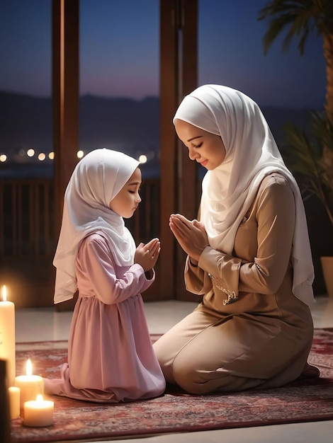 Por la noche, madre e hija con hijab están rezando.