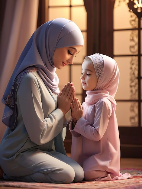 Por la noche, madre e hija con hijab están rezando.