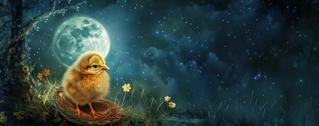 Foto una noche mágica de pascua un pequeño pollito emerge de su concha bajo el resplandor iluminado de una llena