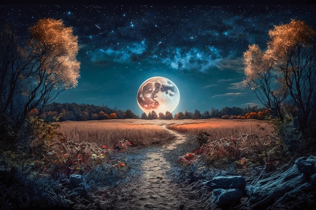 Noche majestuosa gran luna iluminando un paisaje forestal IA generativa