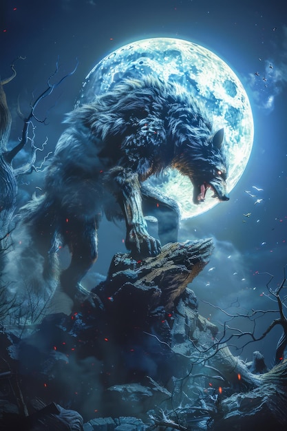 Foto la noche mística de luna llena con el feroces hombre lobo aullando desde rocky summit
