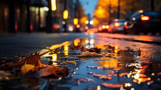 noche mojado calle asfalto con charco ciudad borrosa colorida luz de neónotoño deja gente