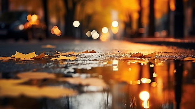 noche mojado calle asfalto con charco ciudad borrosa colorida luz de neónotoño deja gente