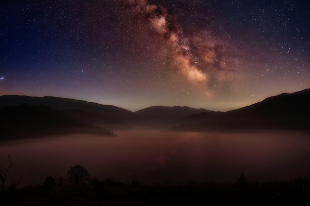 Noche en las montañas de otoño Cielo estrellado árboles frondosos amarillos y niebla