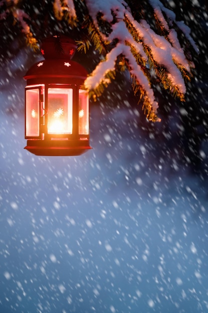 Foto noche de navidad linterna de navidad en el bosque de invierno la nieve y la linterna debajo del árbol