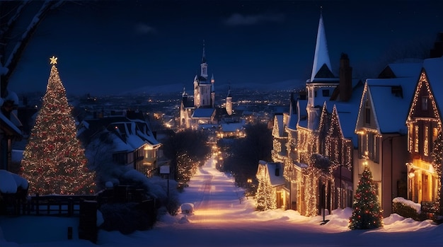 Una noche navideña de cuento de hadas en una antigua ciudad europea con un árbol de Navidad y luces Generación de IA