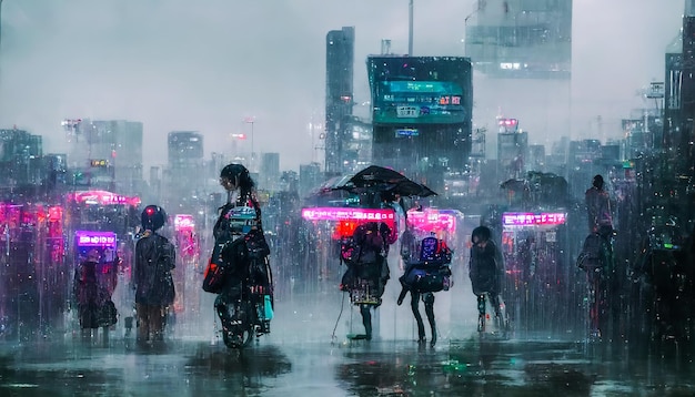 Noche neón ciudad lluvia clima Calles lluviosas de Tokio Luces de letrero reflejadas en el agua Ciudad abstracta Siluetas de personas Ilustración 3D