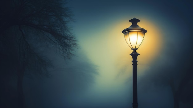 Noche de niebla mística con lámpara de calle brillante y silueta de un árbol sin hojas Copiar espacio