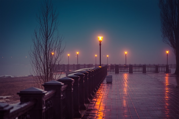 Noche de niebla en el paseo marítimo de invierno Taganrog