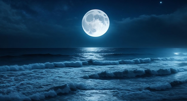 Noche océano paisaje luna llena y estrellas brillan