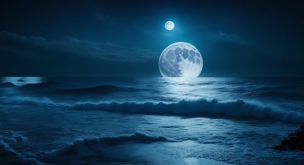 Noche océano paisaje luna llena y estrellas brillan
