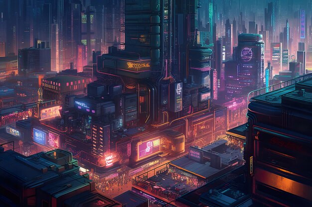 Noche ocupada calle de la ciudad cyberpunk